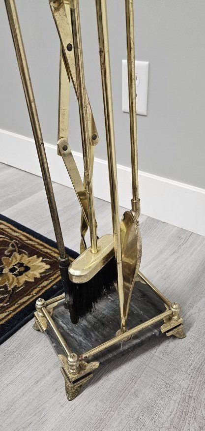 Vintage Brass And Marble Fireplace Set