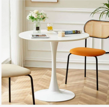 24 in. Round White MDF End Table, Modern Steel Base Tulip Dining Table, Mid-Century Coffee or Accent Table