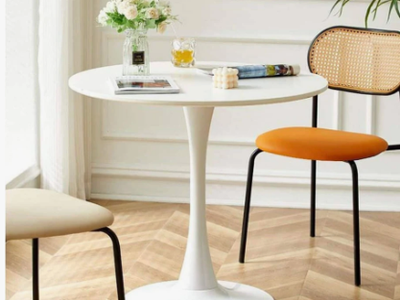 24 in. Round White MDF End Table, Modern Steel Base Tulip Dining Table, Mid-Century Coffee or Accent Table