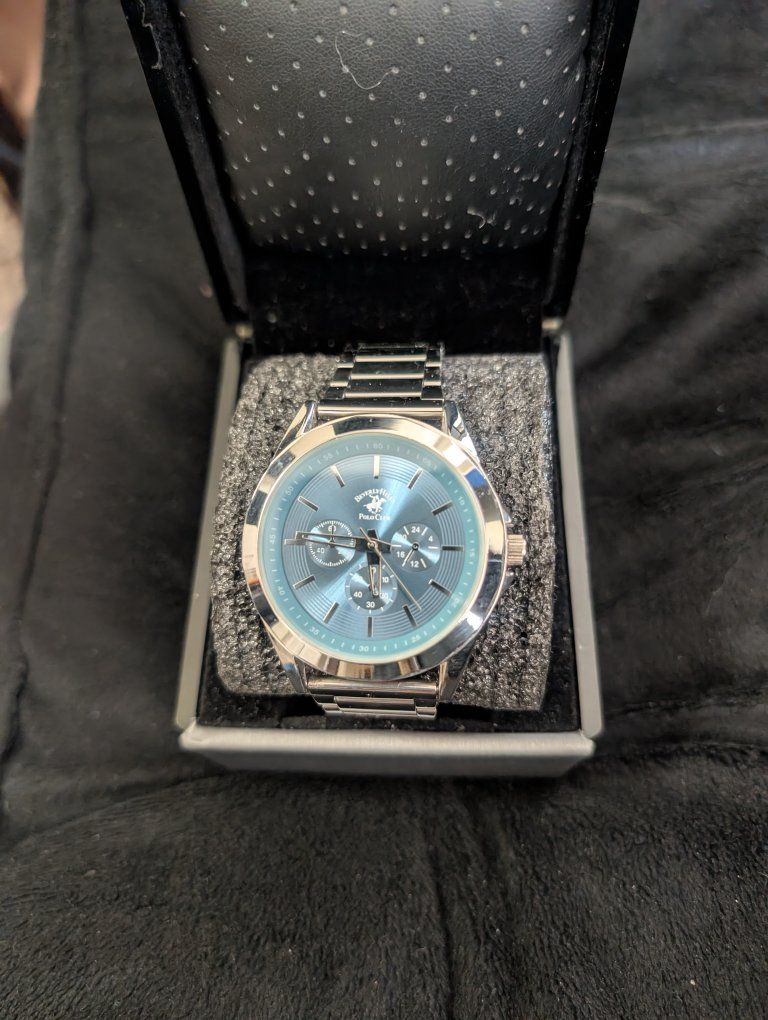 Beverly Hills Polo Club Men's Silver-Tone Quartz Watch with Blue Dial and Box