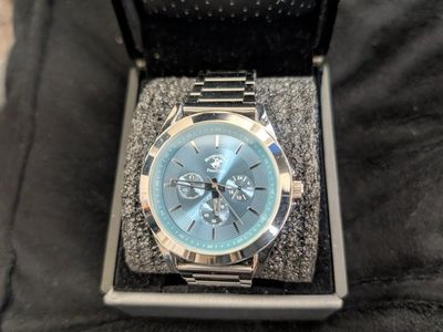 Beverly Hills Polo Club Men's Silver-Tone Quartz Watch with Blue Dial and Box