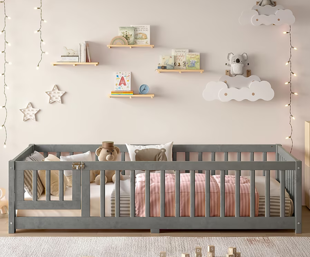 Bellemave Twin Size Floor Bed with Safety Guardrails and Door for Kids Wood Grain Gray