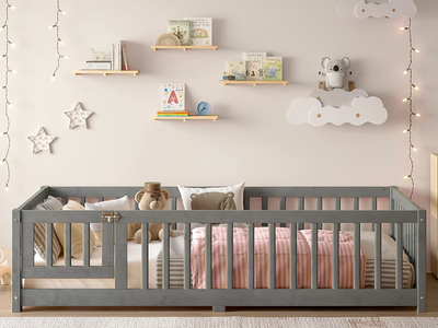 Bellemave Twin Size Floor Bed with Safety Guardrails and Door for Kids Wood Grain Gray