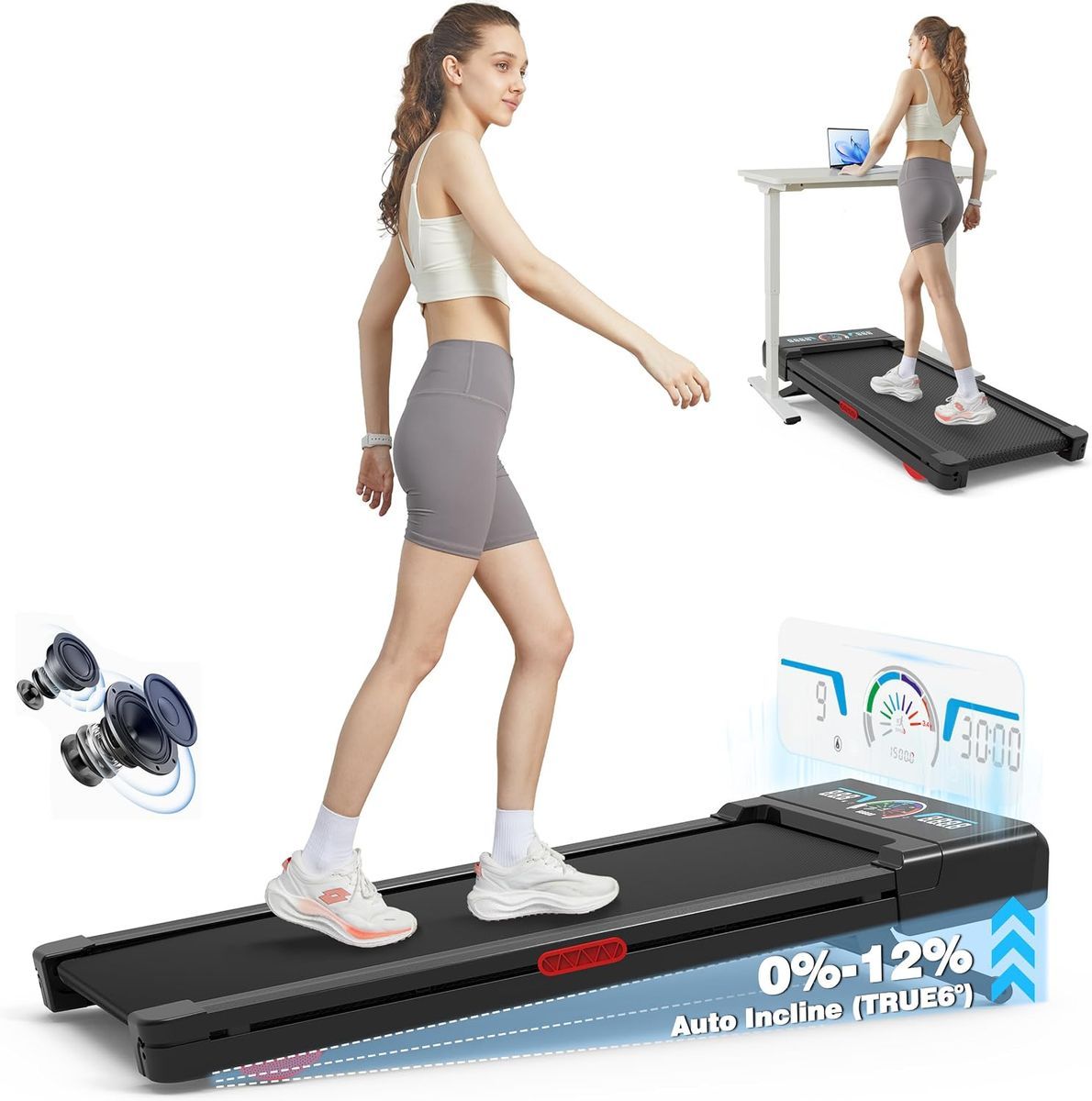 Walking Pad Treadmill 12% Auto Incline, Under Desk Treadmill