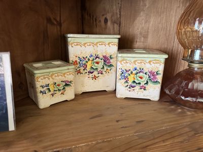 Vintage Hand-Painted Floral Canister Set - 3 Ceramic Kitchen Containers, Shabby Chic Decor