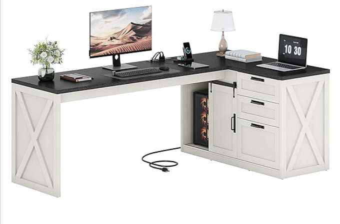 Farmhouse L Shaped Office Desk with Drawers 78 Inch L Shape with File Cabinet Storage Shelves and Power Outlets