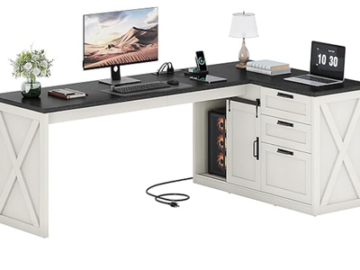 Farmhouse L Shaped Office Desk with Drawers 78 Inch L Shape with File Cabinet Storage Shelves and Power Outlets