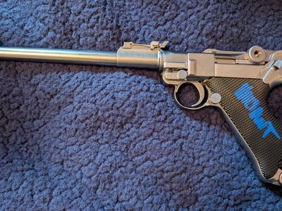 WE P08 Luger Gas Powered Semi-Automatic Airsoft Pistol in Silver signed by Eddie Valiant