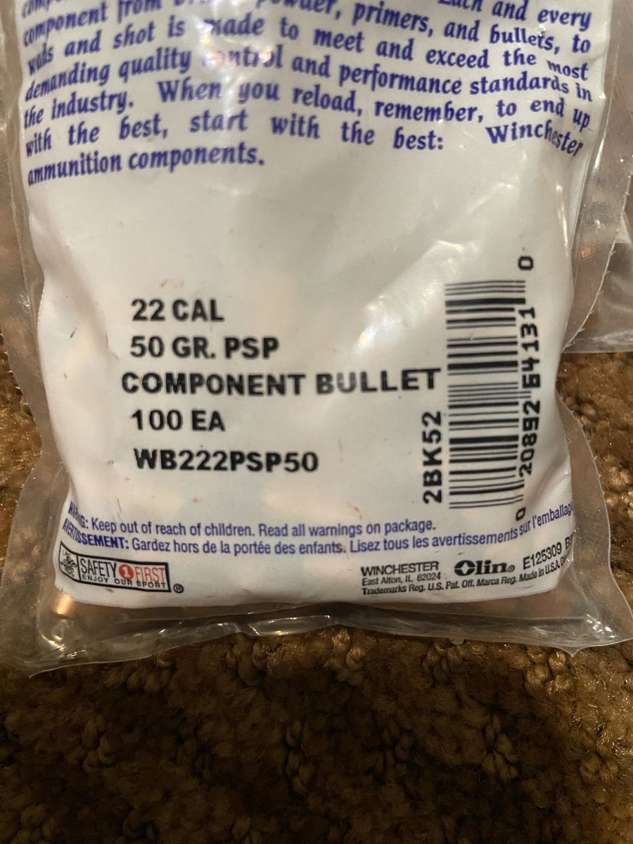 Winchester.222 bullets 50 grain PSP