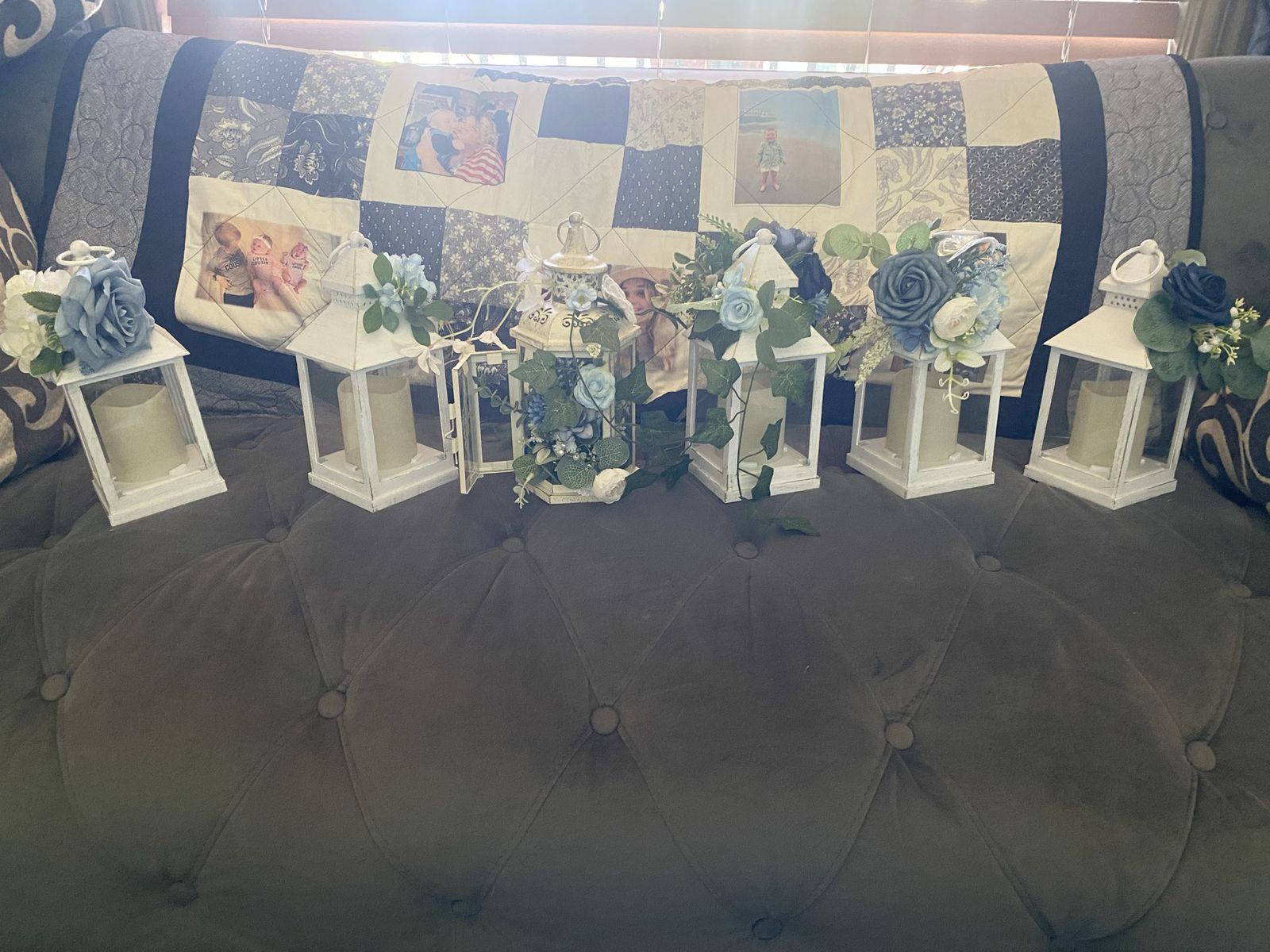 Blue and white floral arrangements and centerpieces and misc pieces for wedding or party