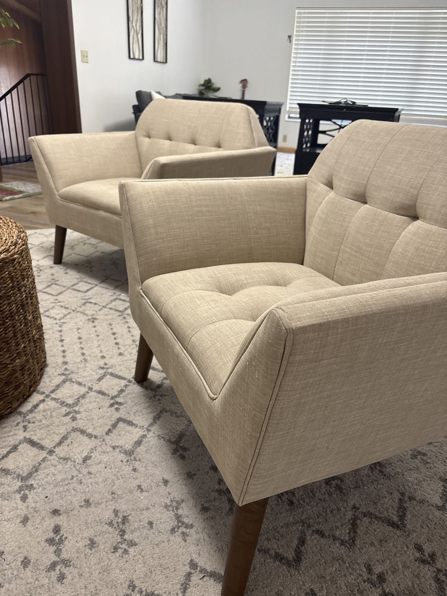 Pair of Mid-Century Modern Tufted Accent Chairs - Beige Fabric