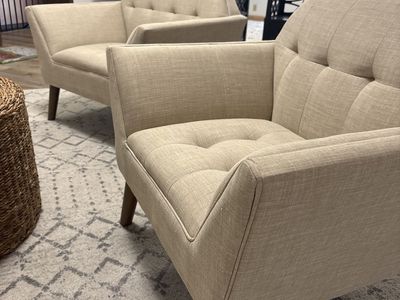 Pair of Mid-Century Modern Tufted Accent Chairs - Beige Fabric