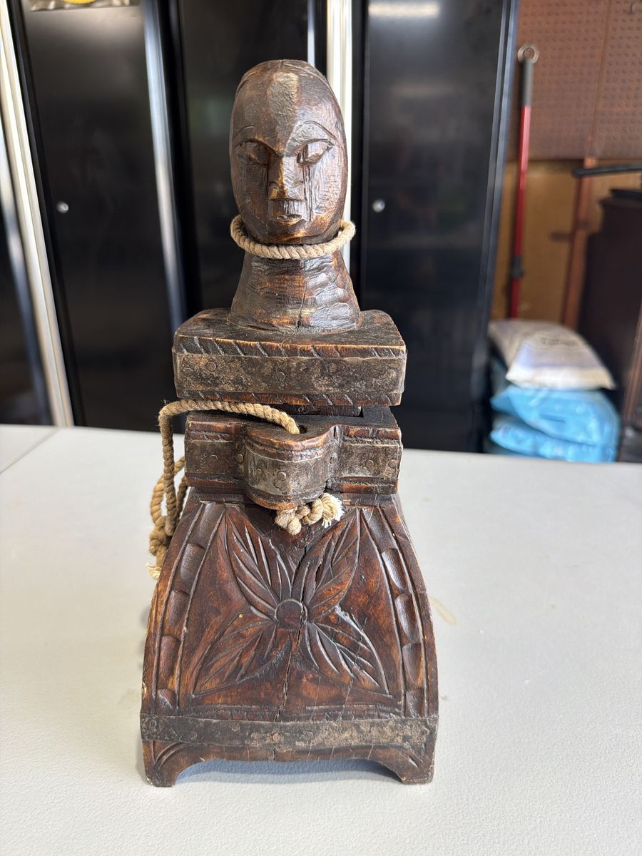 Hand Carved Wooden Figural Box with Rope Detail