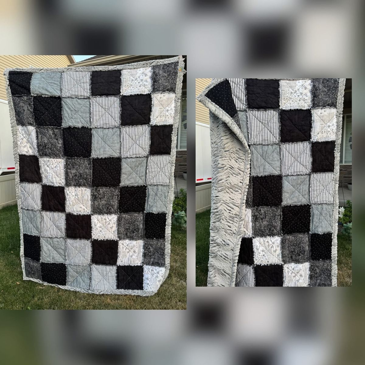 Handmade Gray Black White Patchwork Throw Blanket, 50x70 in, Minky Backing