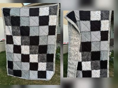 Handmade Gray Black White Patchwork Throw Blanket, 50x70 in, Minky Backing