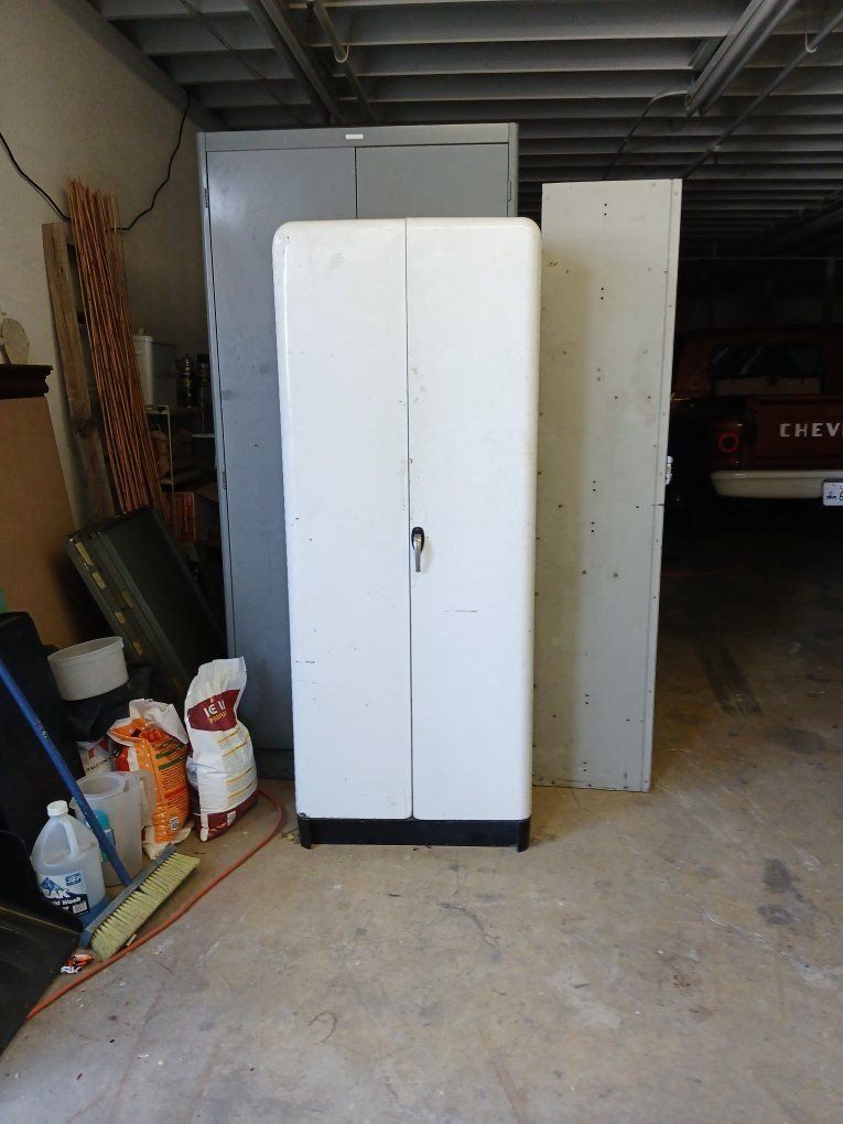 Vintage Metal Storage Cabinet - White w/ Wood Shelves & Double Doors