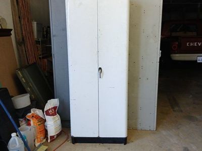 Vintage Metal Storage Cabinet - White w/ Wood Shelves & Double Doors