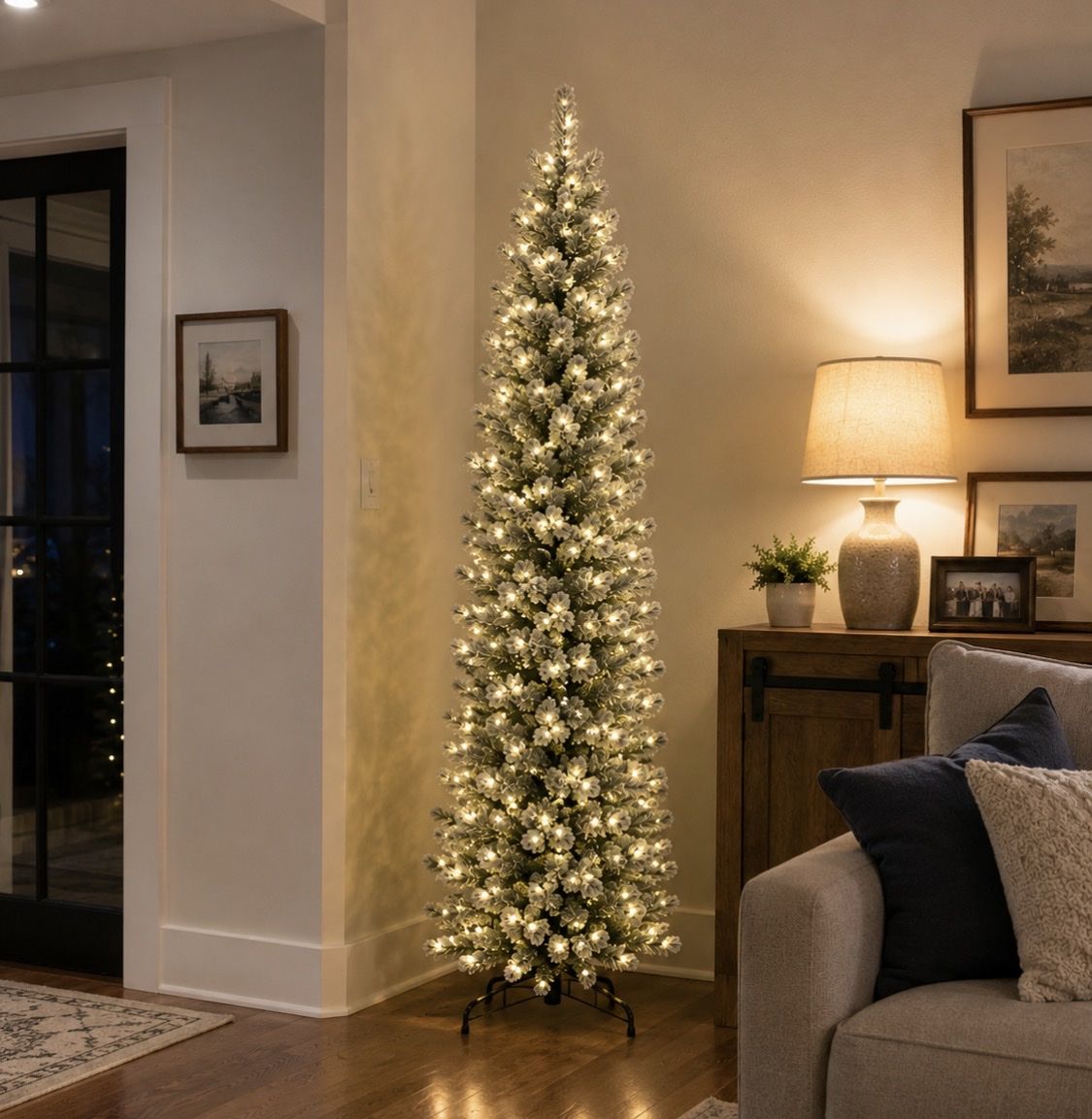 Flocked Pencil Christmas Tree with Warm White Lights