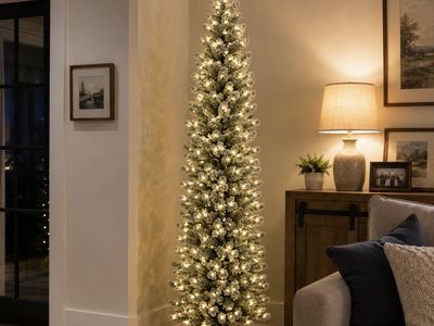 Flocked Pencil Christmas Tree with Warm White Lights