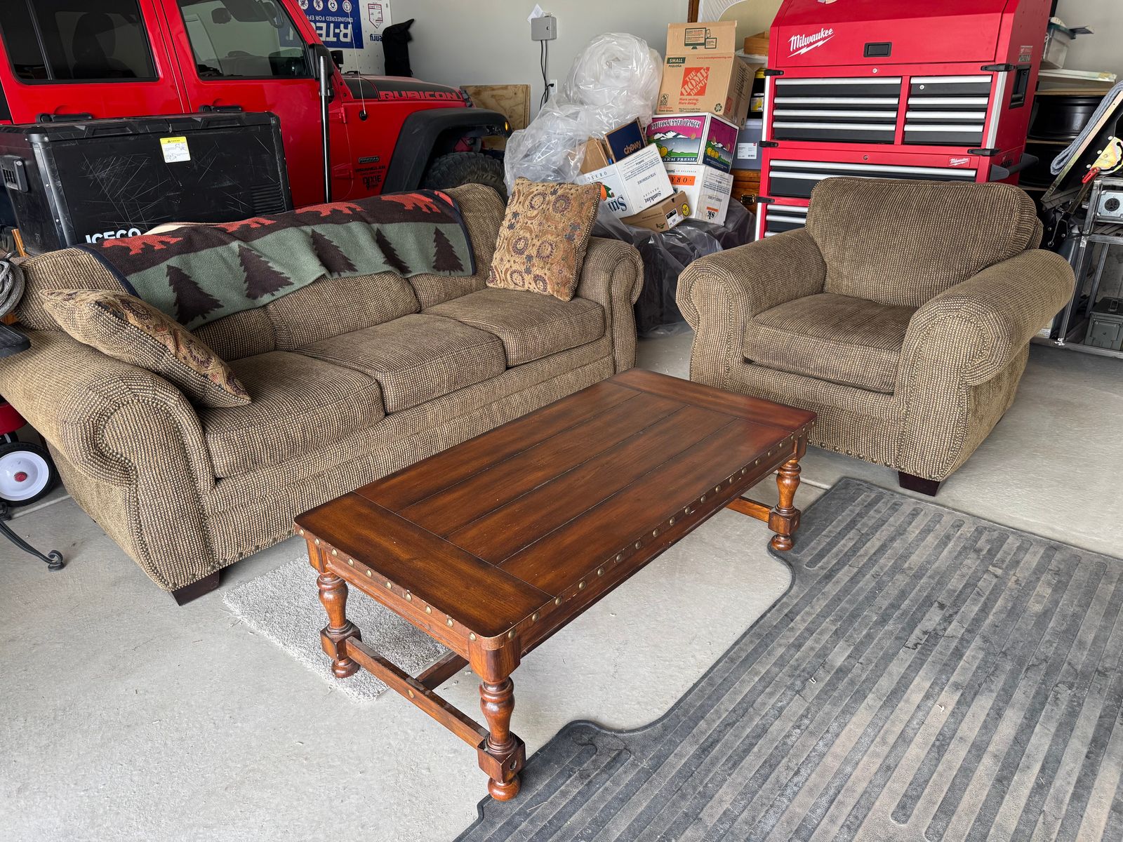 Fabric couch, loveseat and table