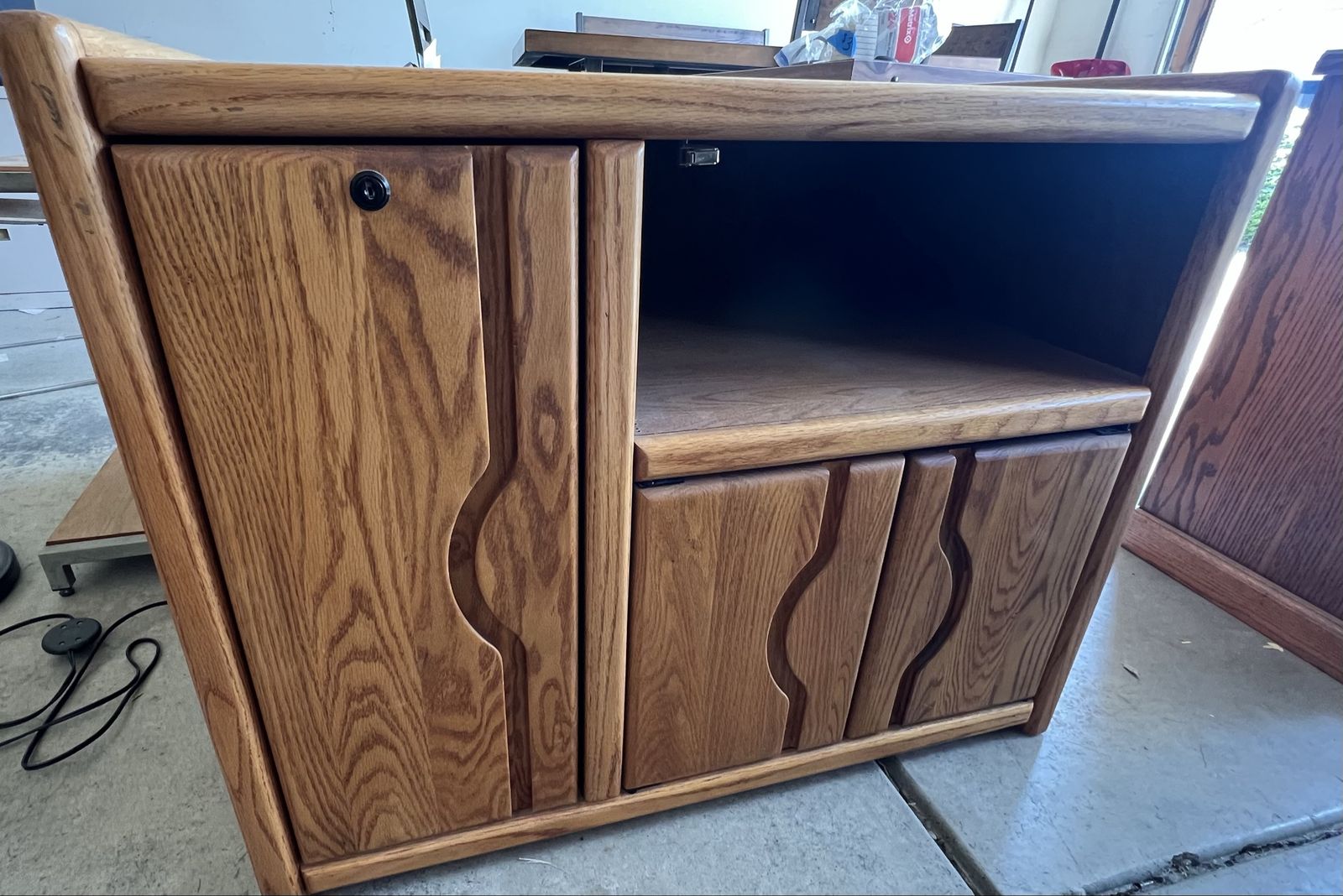 Oak Wood Media Cabinet with Storage - 2 Drawers, 1 Shelf, Lockable Door - 29" Tall