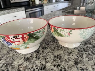 2 x The Pioneer Woman Footed Country Garden Stoneware Cereal Soup Bowl Red Rim 6"