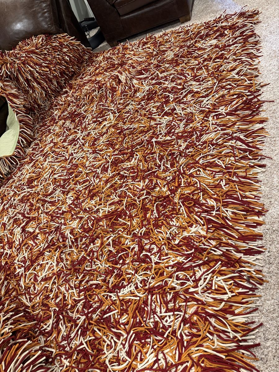 Shag Area Rug AND Orange Ottoman - Multi-Color (Red, Orange, White) Long Pile Carpet