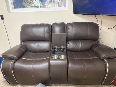 Brown Faux Leather Reclining Sofa AND Loveseat with Console, Cupholders & Studded Accents