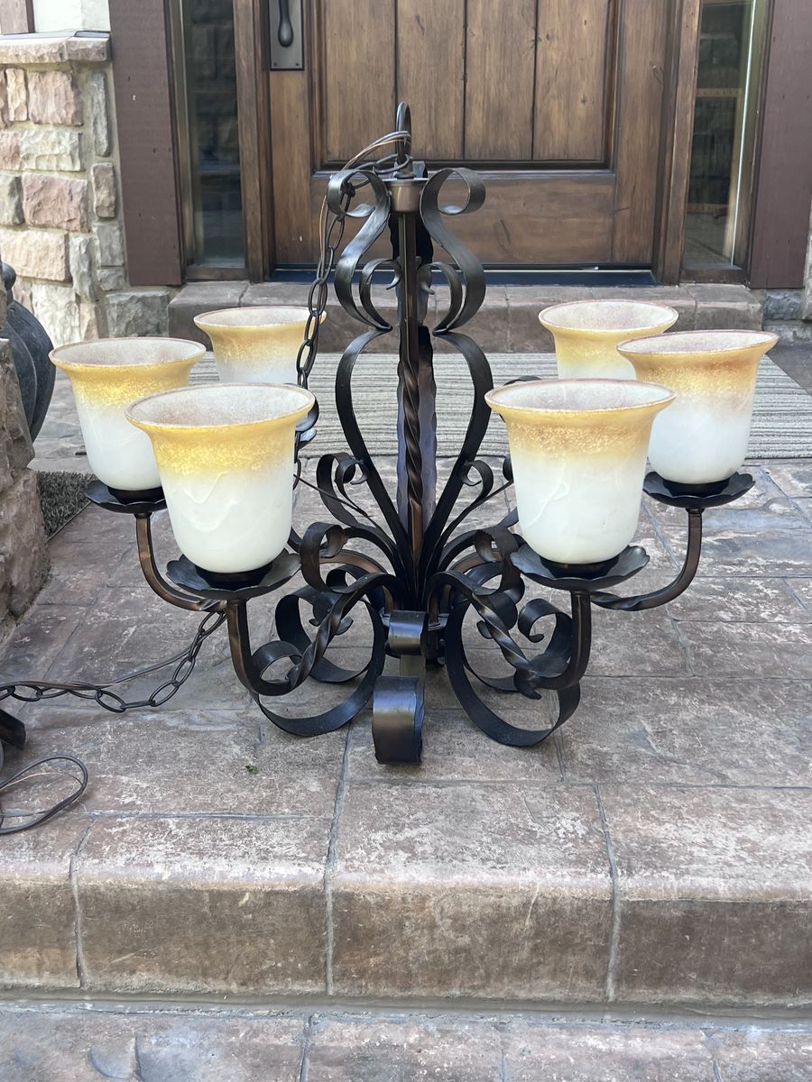 Rustic Bronze Chandelier with Frosted Amber Glass Shades - 6 Light Fixture