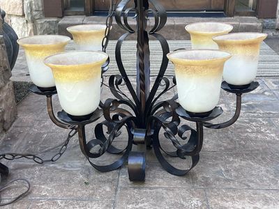 Rustic Bronze Chandelier with Frosted Amber Glass Shades - 6 Light Fixture
