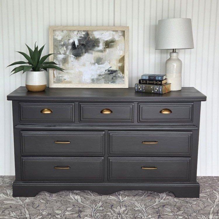 Dark Gray Wood Dresser with Brass Pulls - 7 Drawer Storage Cabinet