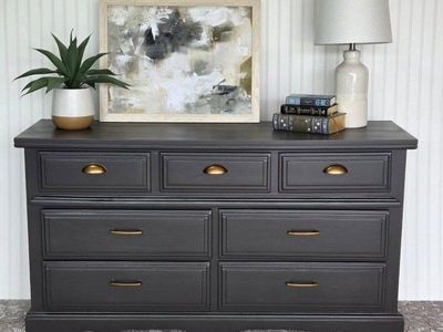Dark Gray Wood Dresser with Brass Pulls - 7 Drawer Storage Cabinet