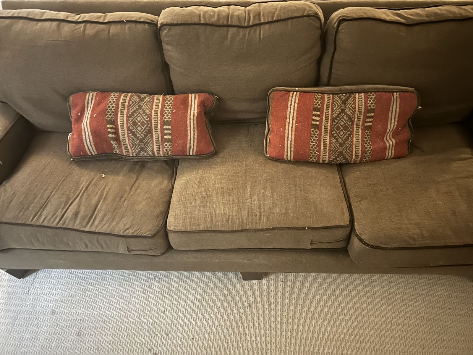 Comfortable Sectional Sofa with Three Patterned Throw Pillows - Neutral Brown Fabric