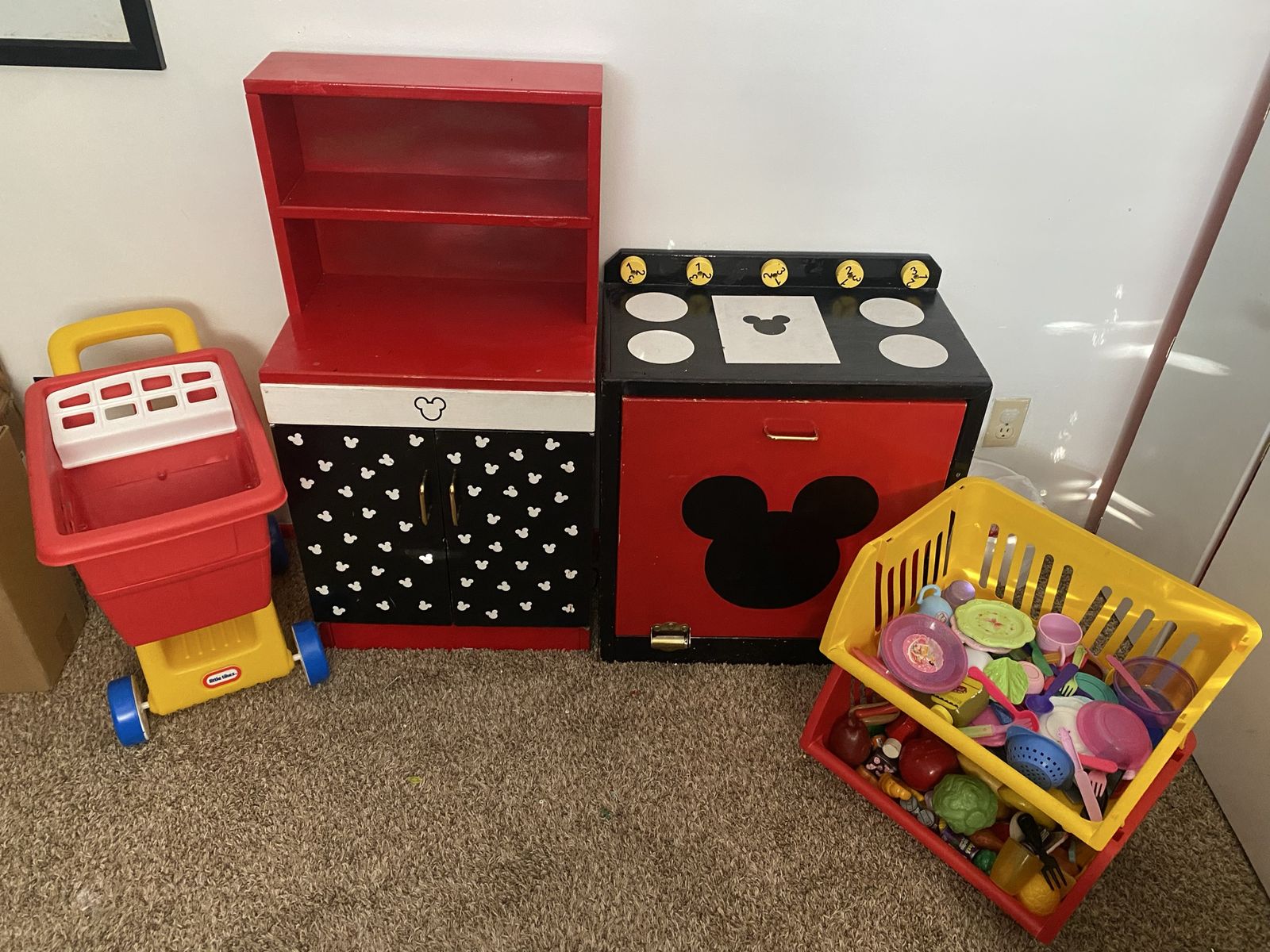 Mickey Mouse Wooden Play Kitchen Set & Little Tikes Shopping Cart with Play Food & Dishes