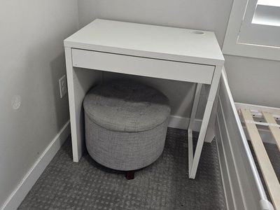 White Ikea Desk with Drawer and Cable Management - Compact Design