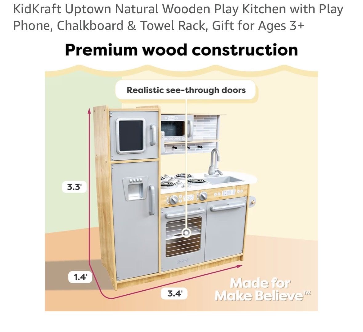 KidKraft Uptown Natural Wooden Play Kitchen with Play Phone, Chalkboard, & Towel Rack - Ages 3+