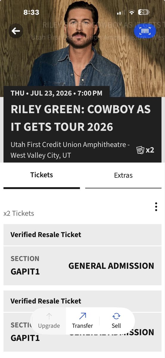 Riley Green: Cowboy As It Gets Tour 2026 - 2 General Admission Pit Tickets.