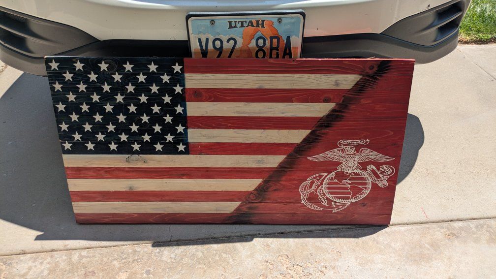Handcrafted Wooden US Flag & USMC Emblem Wall Art - Patriotic Military Decor