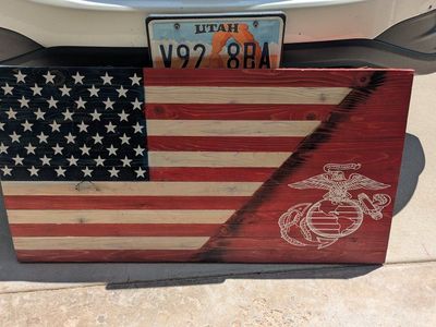 Handcrafted Wooden US Flag & USMC Emblem Wall Art - Patriotic Military Decor