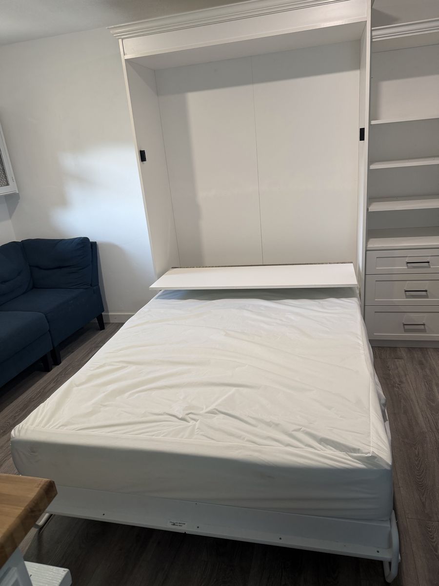 White Wood Murphy Wall Bed Unit with Cabinet Doors