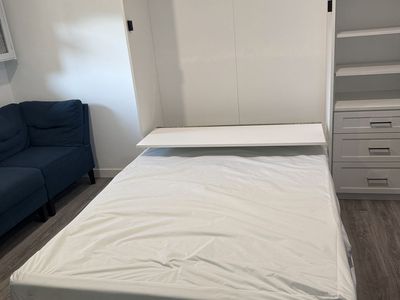 White Wood Murphy Wall Bed Unit with Cabinet Doors