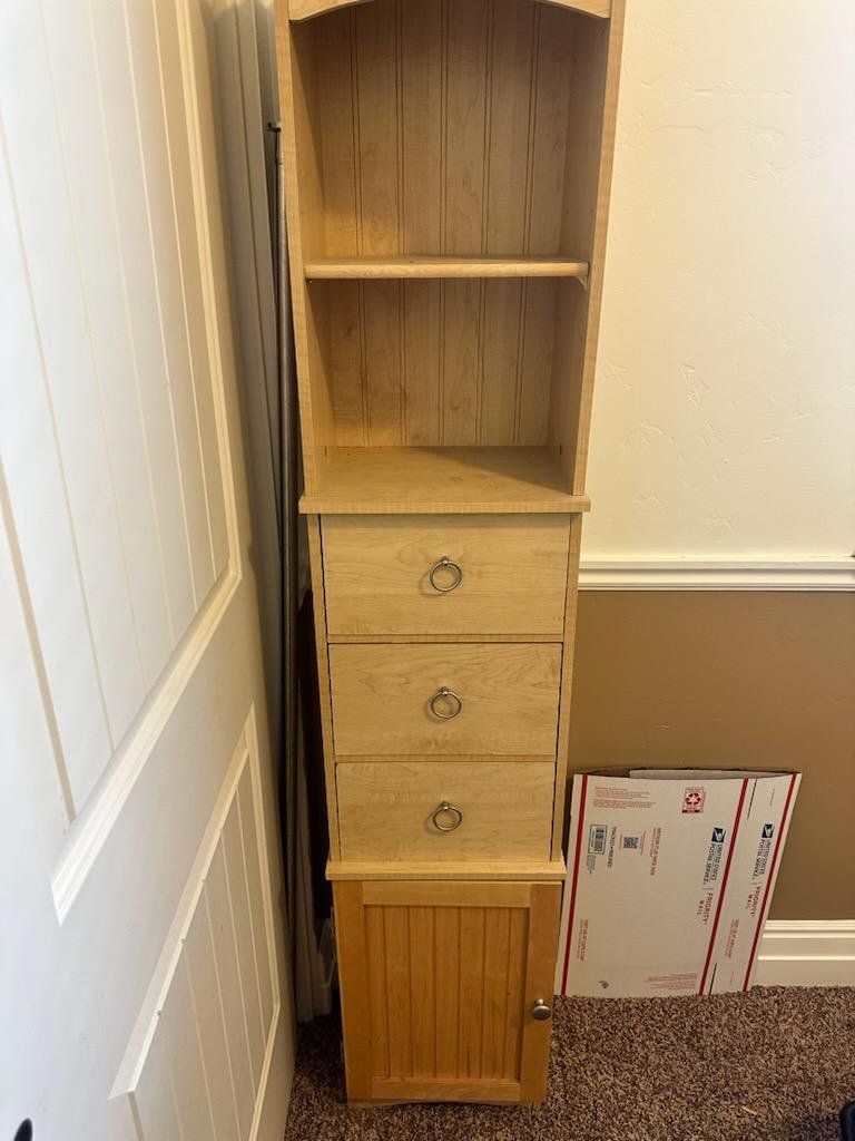 Wood Storage Cabinet - Light Wood Finish, Shelves, Drawers, and Cabinet Door