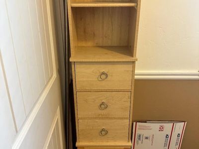Wood Storage Cabinet - Light Wood Finish, Shelves, Drawers, and Cabinet Door