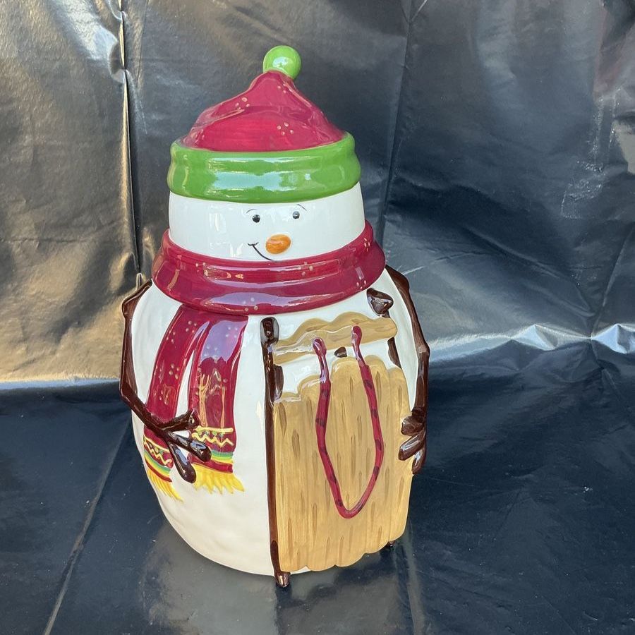 Nonni's Biscotti Hand-Painted Ceramic Snowman with Sled Cookie Jar