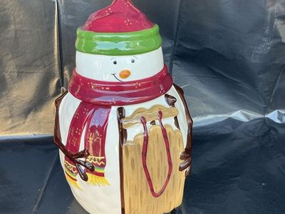 Nonni's Biscotti Hand-Painted Ceramic Snowman with Sled Cookie Jar
