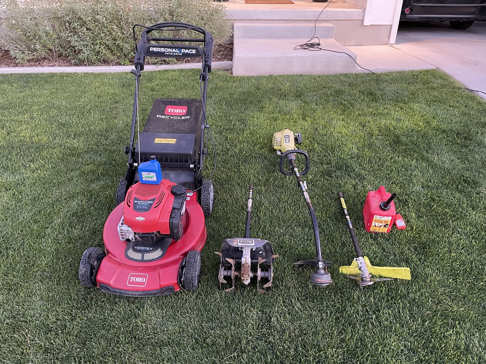 Complete Yard Care Bundle – Troy-Bilt Lawn Mower, Ryobi Trimmer, Brush Cutter, Tiller & Accessories
