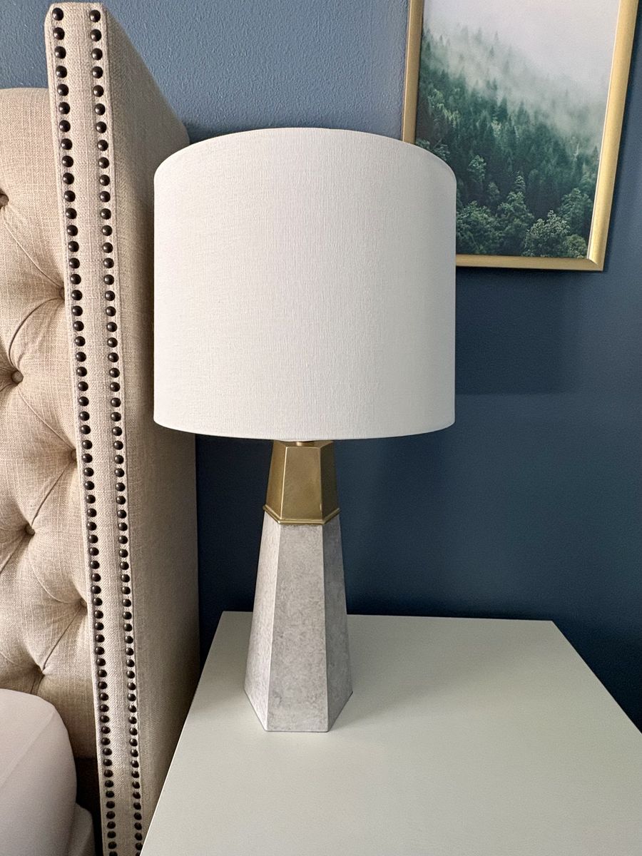 Set of Modern Hexagonal Concrete & Brass Table Lamp with White Fabric Shade - Stylish Accent Light