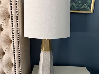 Set of Modern Hexagonal Concrete & Brass Table Lamp with White Fabric Shade - Stylish Accent Light