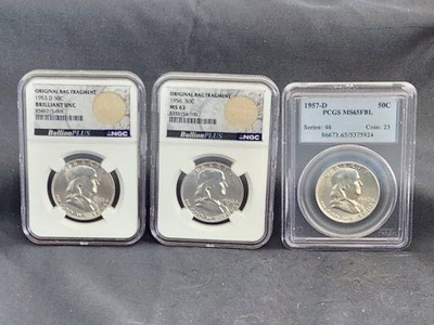 1953 D BU, 1956 MS 63, 1957 D MS65FBL Silver Franklin Half Dollars
