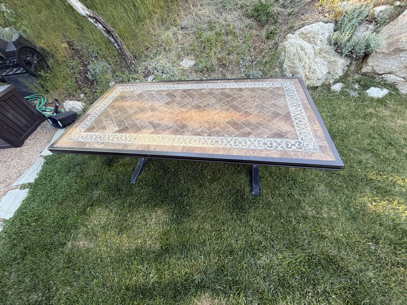 Patio tile table and 6 sling chairs